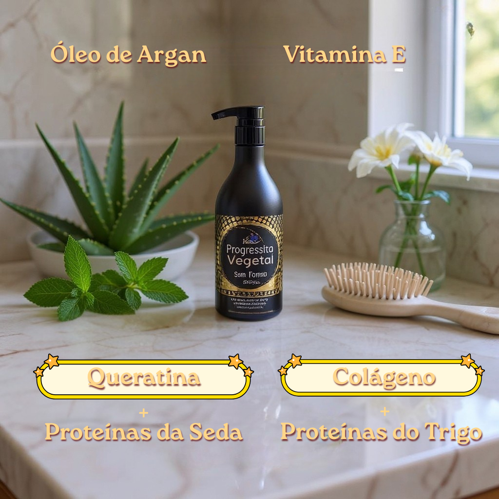 Progressiva Vegetal Havana Cosméticos sobre bancada de mármore com aloe vera e flores